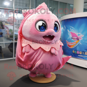 Pink Tuna mascot costume character dressed with a Mini Skirt and Shawls