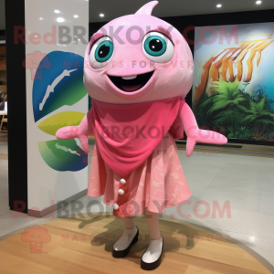 Pink Tuna mascot costume character dressed with a Mini Skirt and Shawls