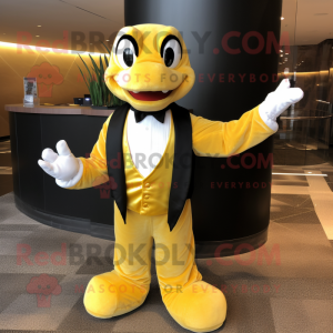 Yellow Python mascot costume character dressed with a Tuxedo and Bow ties