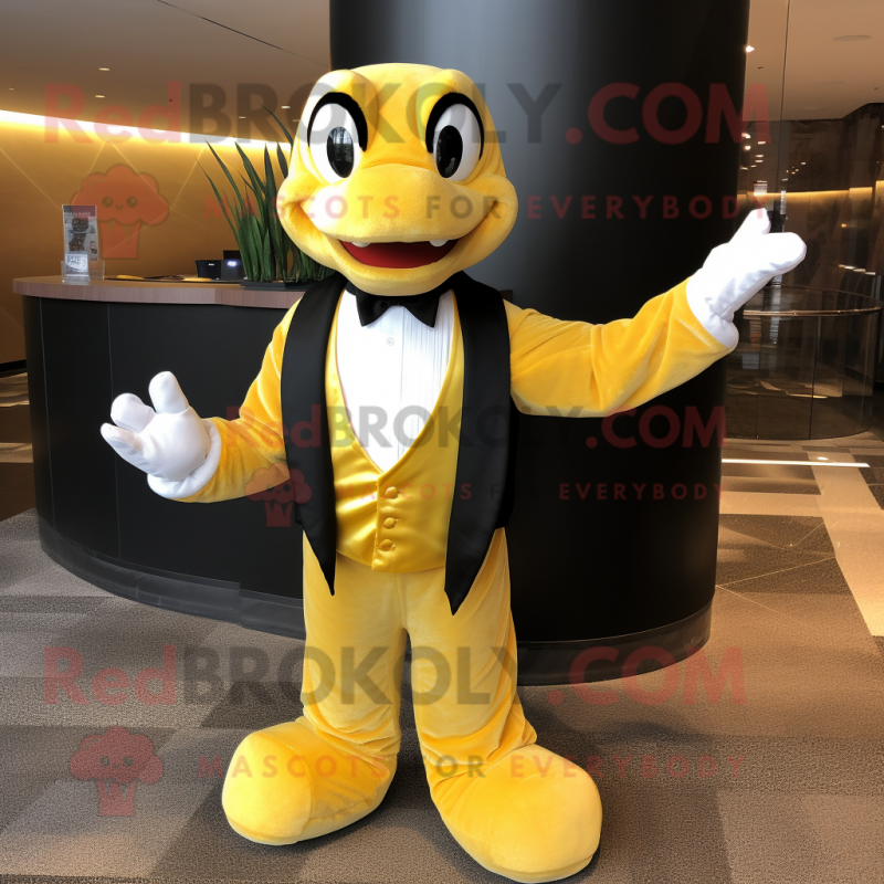 Yellow Python mascot costume character dressed with a Tuxedo and Bow ties Yellow Python mascot costume character dressed with a Tuxedo and Bow ties