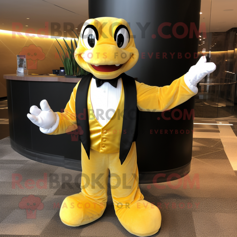 Yellow Python mascot costume character dressed with a Tuxedo and Bow ties