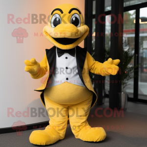 Yellow Python mascot costume character dressed with a Tuxedo and Bow ties