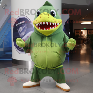 Lime Green Megalodon mascot costume character dressed with a Flare Jeans and Shawl pins