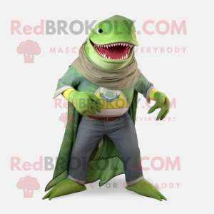 Lime Green Megalodon mascot costume character dressed with a Flare Jeans and Shawl pins