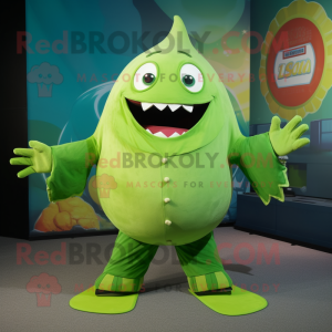 Lime Green Megalodon mascot costume character dressed with a Flare Jeans and Shawl pins
