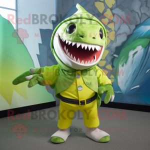 Lime Green Megalodon mascot costume character dressed with a Flare Jeans and Shawl pins