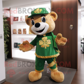 Gold Four Leaf Clover mascot costume character dressed with a Polo Tee and Scarves