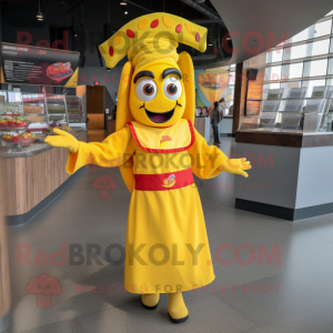 Yellow Fajitas mascot costume character dressed with a Sheath Dress and Headbands
