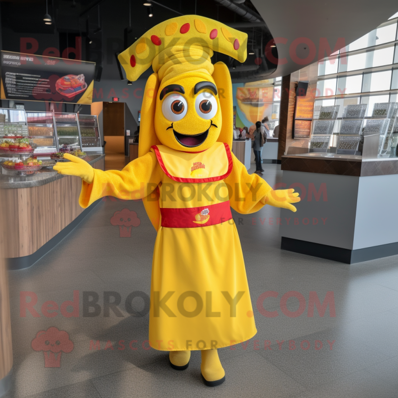 Yellow Fajitas mascot costume character dressed with a Sheath Dress and Headbands Yellow Fajitas mascot costume character dressed with a Sheath Dress and Headbands
