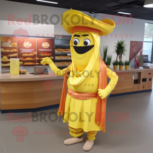 Yellow Fajitas mascot costume character dressed with a Sheath Dress and Headbands