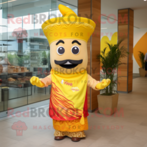 Yellow Fajitas mascot costume character dressed with a Sheath Dress and Headbands