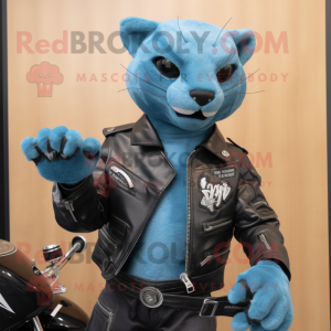 Sky Blue Jaguarundi mascot costume character dressed with a Biker Jacket and Belts