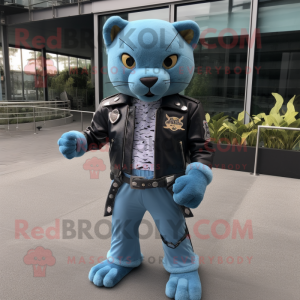 Sky Blue Jaguarundi mascot costume character dressed with a Biker Jacket and Belts