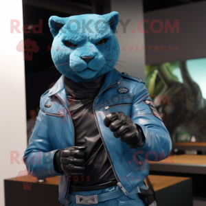 Sky Blue Jaguarundi mascot costume character dressed with a Biker Jacket and Belts