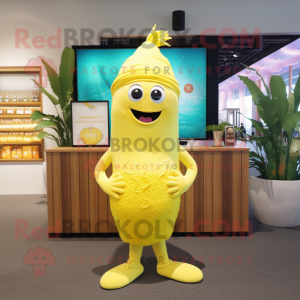 Lemon Yellow Mermaid mascot costume character dressed with a Swimwear and Beanies