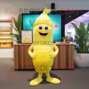 Lemon Yellow Mermaid mascot costume character dressed with a Swimwear and Beanies