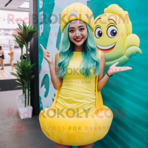 Lemon Yellow Mermaid mascot costume character dressed with a Swimwear and Beanies