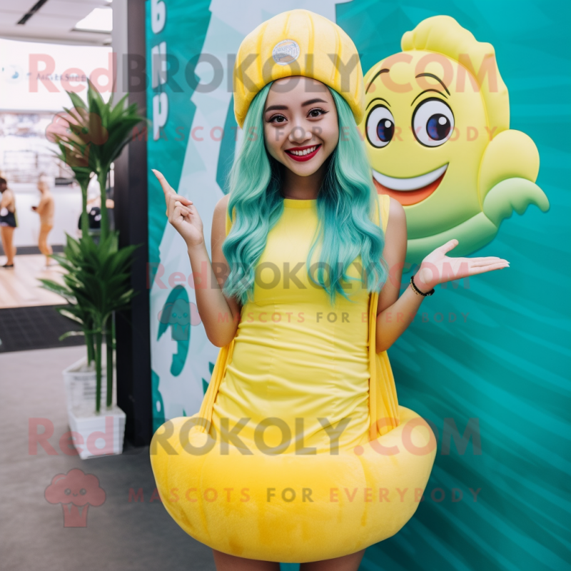 Lemon Yellow Mermaid mascot costume character dressed with a Swimwear and Beanies