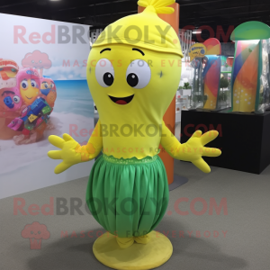 Lemon Yellow Mermaid mascot costume character dressed with a Swimwear and Beanies