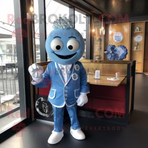 Blue Dim Sum mascot costume character dressed with a Suit Jacket and Watches