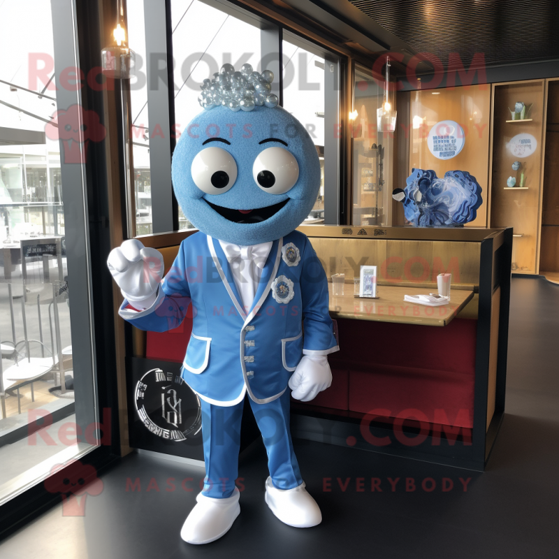 Blue Dim Sum mascot costume character dressed with a Suit Jacket and Watches Blue Dim Sum mascot costume character dressed with a Suit Jacket and Watches