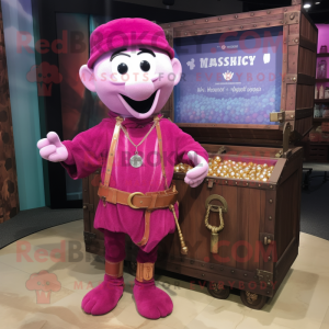 Magenta Treasure Chest mascot costume character dressed with a Henley Shirt and Bracelets