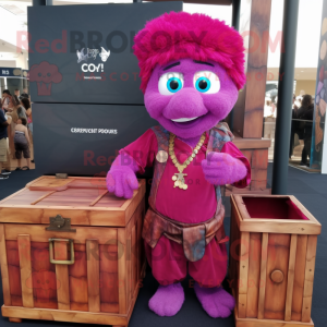 Magenta Treasure Chest mascot costume character dressed with a Henley Shirt and Bracelets