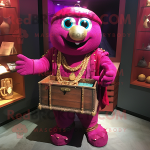 Magenta Treasure Chest mascot costume character dressed with a Henley Shirt and Bracelets