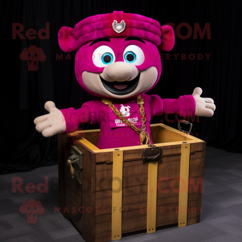 Magenta Treasure Chest mascot costume character dressed with a Henley Shirt and Bracelets