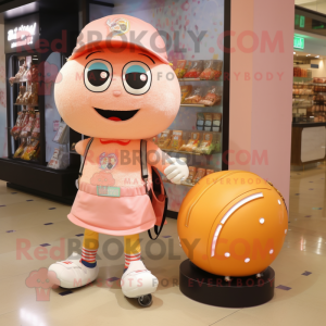 Peach Gumball Machine mascot costume character dressed with a Shorts and Messenger bags
