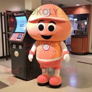 Peach Gumball Machine mascot costume character dressed with a Shorts and Messenger bags