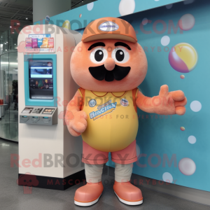 Peach Gumball Machine mascot costume character dressed with a Shorts and Messenger bags