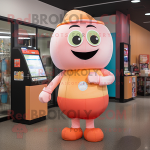 Peach Gumball Machine mascot costume character dressed with a Shorts and Messenger bags