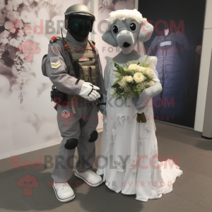 Gray Special Air Service mascot costume character dressed with a Wedding Dress and Anklets