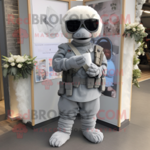 Gray Special Air Service mascot costume character dressed with a Wedding Dress and Anklets