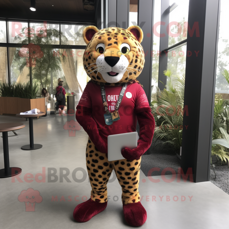 Maroon Leopard mascot costume character dressed with a Jeggings and Keychains