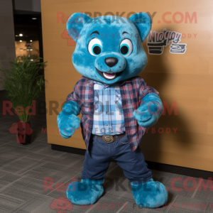 Maskotfigur af en cyan...