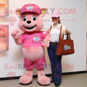 Pink Fire Fighter mascot costume character dressed with a Mom Jeans and Tote bags