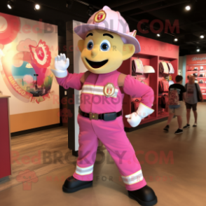 Pink Fire Fighter mascot costume character dressed with a Mom Jeans and Tote bags