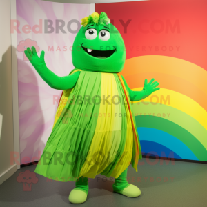 Lime Green Rainbow mascot costume character dressed with a Maxi Dress and Suspenders