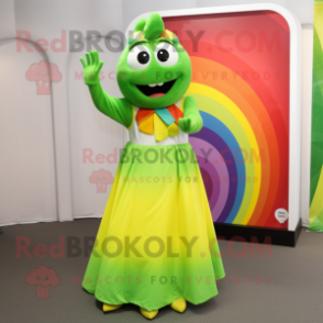 Lime Green Rainbow mascot costume character dressed with a Maxi Dress and Suspenders