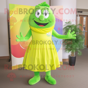 Lime Green Rainbow mascot costume character dressed with a Maxi Dress and Suspenders