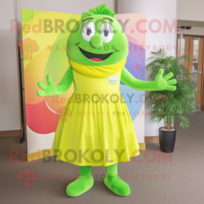 Lime Green Rainbow mascot costume character dressed with a Maxi Dress and Suspenders