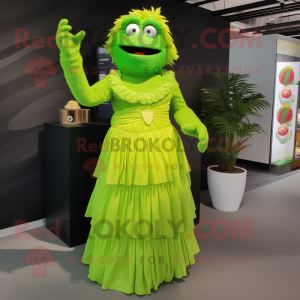 Lime Green Rainbow mascot costume character dressed with a Maxi Dress and Suspenders