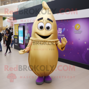 Gold Eggplant mascot costume character dressed with a Pencil Skirt and Foot pads