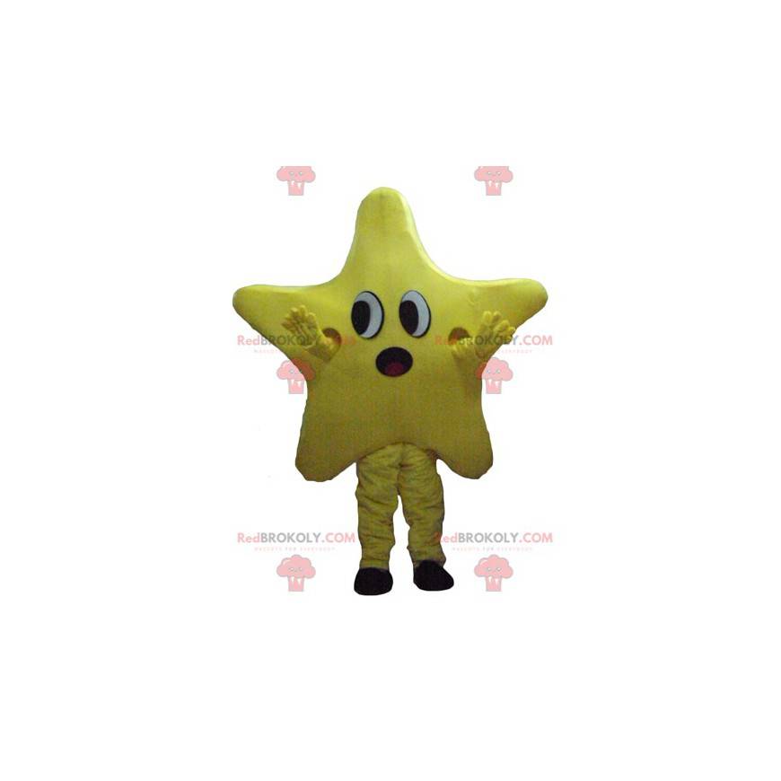 Fofinho mascote gigante estrela amarela parecendo surpreso -