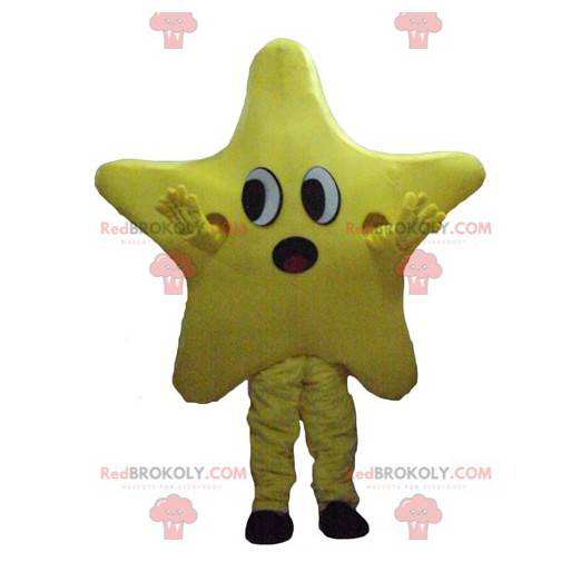 Fofinho mascote gigante estrela amarela parecendo surpreso -