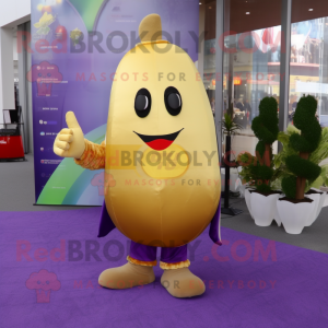 Gold Eggplant mascot costume character dressed with a Pencil Skirt and Foot pads