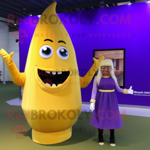 Gold Eggplant mascot costume character dressed with a Pencil Skirt and Foot pads