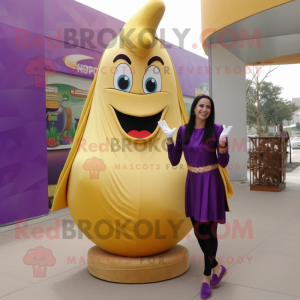 Gold Eggplant mascot costume character dressed with a Pencil Skirt and Foot pads